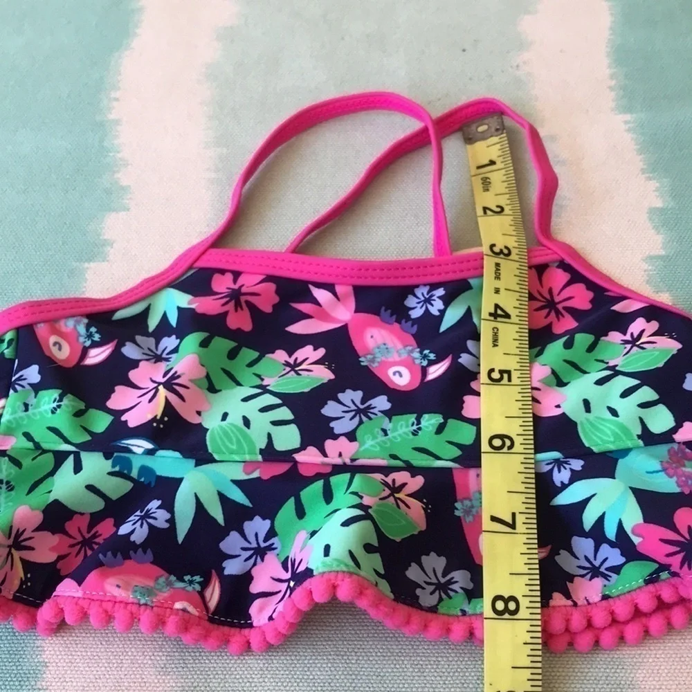 Viv & Lou Floral Ruffle Bikini Swimsuit Pom Pom Trim Small